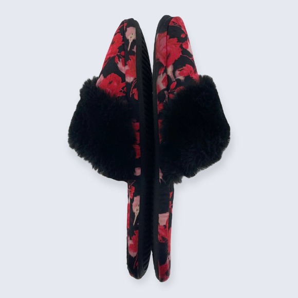 Victoria’s Secret Red Black Floral Rose Black Faux Fur Closed Toe Slipper M - Picture 6 of 8